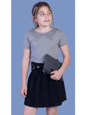 Toontoy Kız Çocuk Yaka Dantelli Okul Tişört