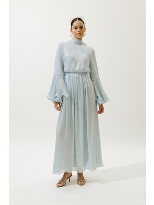 Geniş Kol Volanlı Elbise Mavi