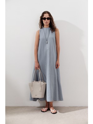 Keten Büzgülü Geniş Elbise Mavi