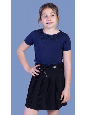 Toontoy Kız Çocuk Yaka Dantelli Okul Tişört