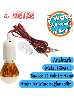 Akü Pensli 4 Metre Kablolu 12 V Tasarruflu Seyyar LED Ampul 5W Lamba Anahtarlı Aydınlatma Beyaz Işık