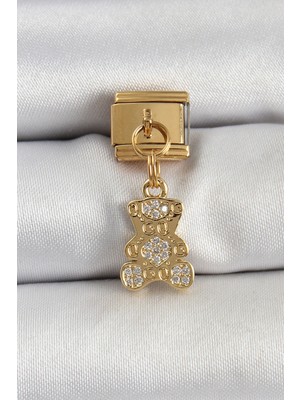 316L Çelik Sallantılı Zirkon Taşlı Ayıcık Model Gold Renk Nomination Charm