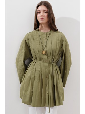 Manuka Kadın Tunik Geniş Kol ve Nervür Detaylarıyla Yeşil 100% Pamuklu Rahat Kullanım