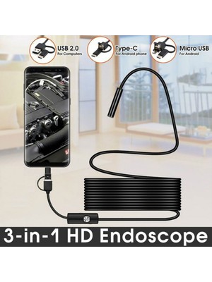 Endoskop 3 In 1 Yılan Kamera USB Micro USB Type-C 5m Sert Kablo