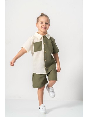 Erkek Çocuk Müslin Kumaş 2' Li Takım Gömlek Şort Çift Renk  Alt Üst Müslin Takım