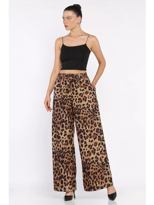 Kadın Leopar Desen Rahat Kalıp Palazzo Pantolon P-00017668