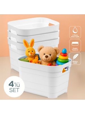 Vienev Ev Gereçleri 4'lü 5 Litre Saklama Kutusu Beyaz Düz Desenli Ergonomik Kulplu Tasarım