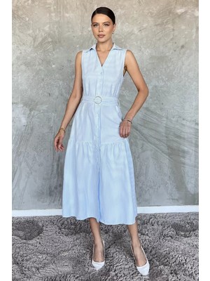 Çizgi Desenli Kemerli Sıfır Kol Kadın Elbise P-00017589