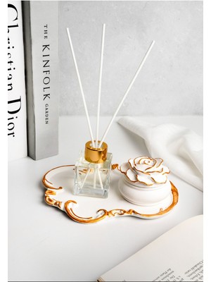 Altın Detaylı Şık Sunum Tepsi ve Gül Kutulu Oda Kokusu Seti, Beyaz, 8X19, Avangard Tr