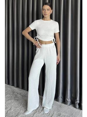 Kadın Kendinden Desenli Yan Büzgülü Bluz Pantolon Ikili Takım P-00017568