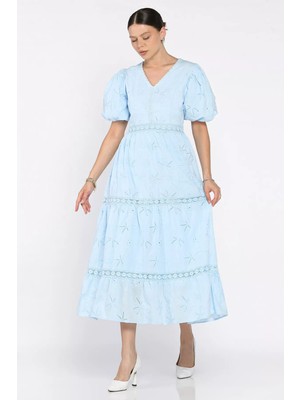 Kadın V Yaka Balon Kol Fırfırlı Brode Elbise P-00017506