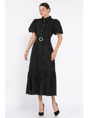 Kadın Kemer Detaylı Balon Kol Brode Elbise P-00017501