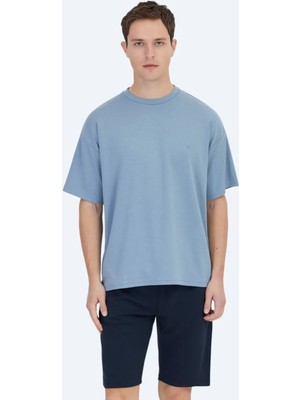 Mavi Düz Bisiklet Yaka T-Shirt