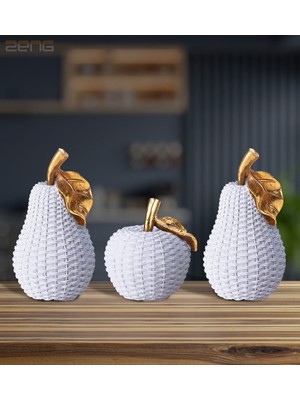 Doğa Dekoratif Obje Seti, Elma ve Armut Figürleri, Modern Beyaz Tasarım, 20X10 cm