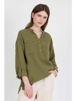 Haki %100 Pamuk Keten Görünümlü Hakim Yaka Tunik Gömlek 4698A