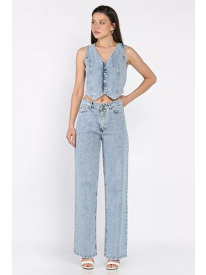 Taş Detaylı Jean Kot Yelek Pantolon Ikili Takım P-00017425