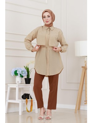 Beli Bağcıklı Allerli Taşlı Tunik-Bej