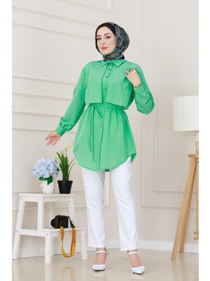 Beli Bağcıklı Allerli Taşlı Tunik-Su Yeşili