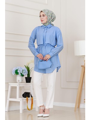 Beli Bağcıklı Allerli Taşlı Tunik-Bebe Mavi