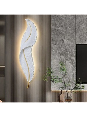 Beyaz Büyük Boy Dekoratif Tüy Şekilli Pilli Işıklı Duvar Süsü, Modern Tasarım, Beton Görünümlü