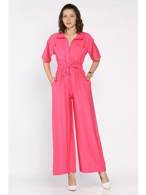 Yarım Fermuarlı Bel Lastikli Kısa Kol Tulum P-00017335