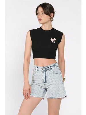 Kadın Taşlı Paça Püsküllü Jean Kot Şort P-00017263