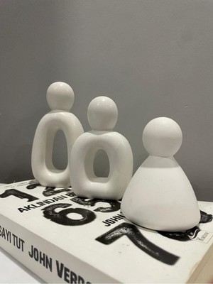 Modern 3 Kişilik Beton Aile Figürü, Şık Ev Dekoru Objesi, Beyaz, M&d Design