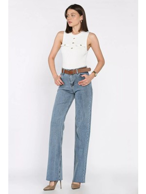 Kadın Kemerli Kesik Paça Jean Kot Pantolon P-00017265