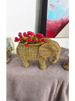 Alçı Hasır Dokulu Fil Şeklinde Saksı, Dekoratif ve Şık Tasarım Haki 1
