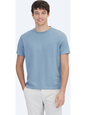 Kip Mavi Düz Bisiklet Yaka T-Shirt