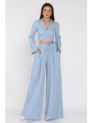 Kruvaze Yaka Bel Bağcıklı Bluz Pantolon Ikili Takım P-00017492