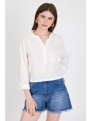 Beyaz %100 Pamuk Keten Görünümlü Hakim Yaka Crop Gömlek 4702A