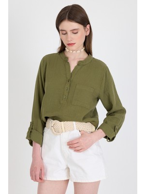 Haki %100 Pamuk Keten Görünümlü Hakim Yaka Crop Gömlek 4702A