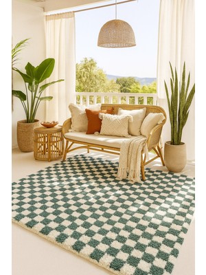 Chess Kareli Kemik-Yeşil Salon Oturma Odası Yatak Odası Koridor Makine Halısı Yolluk Shaggy