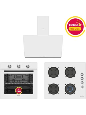 Simfer Ankastre Set Beyaz Mekanik Cam Ocaklı 3'lü Set (Fırın + Ocak + Davlumbaz)