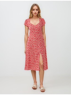 Jimmy Key Kırmızı Boyundan Bağlı Kısa Kollu Desenli Midi Elbise