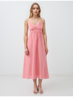 Jimmy Key Pembe %100 Keten Askılı V Yaka Midi Elbise