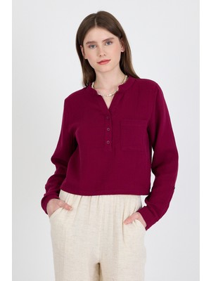 Bordo %100 Pamuk Keten Görünümlü Hakim Yaka Crop Gömlek 4702A