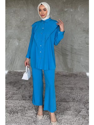 Önü Katlamalı Taşlı Tesettür Tunik Pantolon Ikili Takım P-00017624