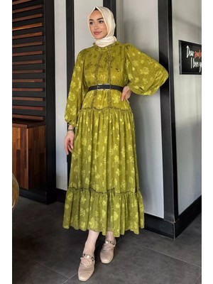 Işlemeli ve Astarlı Tesettür Şifon Elbise P-00017276