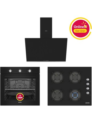Simfer Ankastre Set Siyah Mekanik Cam Ocaklı 3'lü Set (Fırın + Ocak + Davlumbaz)