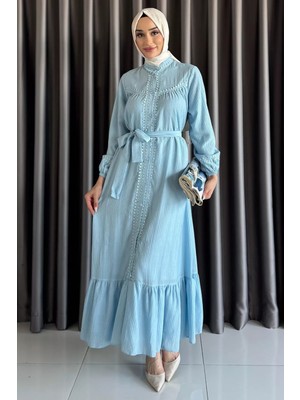Boydan Düğmeli Fırfırlı Bel Kuşak Detaylı Tesettür Elbise P-00017561
