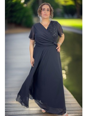 Kruvaze Göğüs Melek Kol Payetli Astarlı Etek Büyük Beden Şifon Abiye Elbise