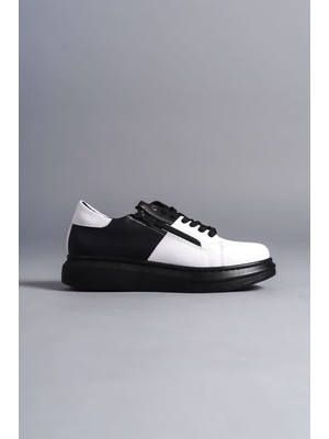 ET155 Warrior Bağcıklı ve Fermuarlı Cilt Erkek Günlük Sneaker Ayakkabı St - Siyah/beyaz