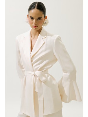 Saten Kemerli Abiye Ceket Vanilya