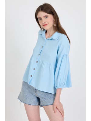 Bebe Mavi %100 Pamuk Keten Görünümlü Düğmeli Gömlek 4783A