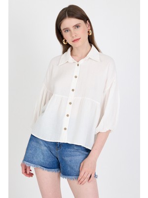 Beyaz %100 Pamuk Keten Görünümlü Düğmeli Gömlek 4783A