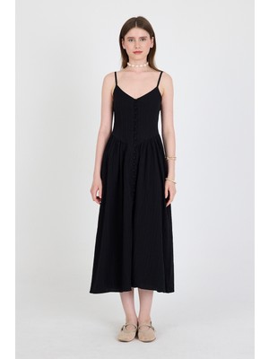 Siyah Askılı V Yaka Düğmeli Midi Elbise 2487