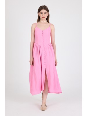 Pembe Askılı V Yaka Düğmeli Midi Elbise 2487