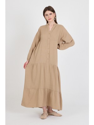 Vizon %100 Pamuk Düğmeli Kat Etekli Uzun Kollu Elbise 4782A